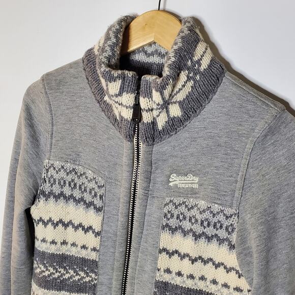 Superdry Grey fleece lined grey knit front sweater jacket Size Large coatigan - Picture 3 of 12